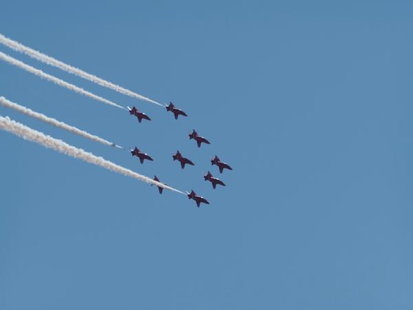 BAE Hawk, RAF Red Arrows. That actually was an airshow, just not the one I visited - I didn't know there was one nearby. Suddenly I heard the jets and luckily I had a camera in hand!